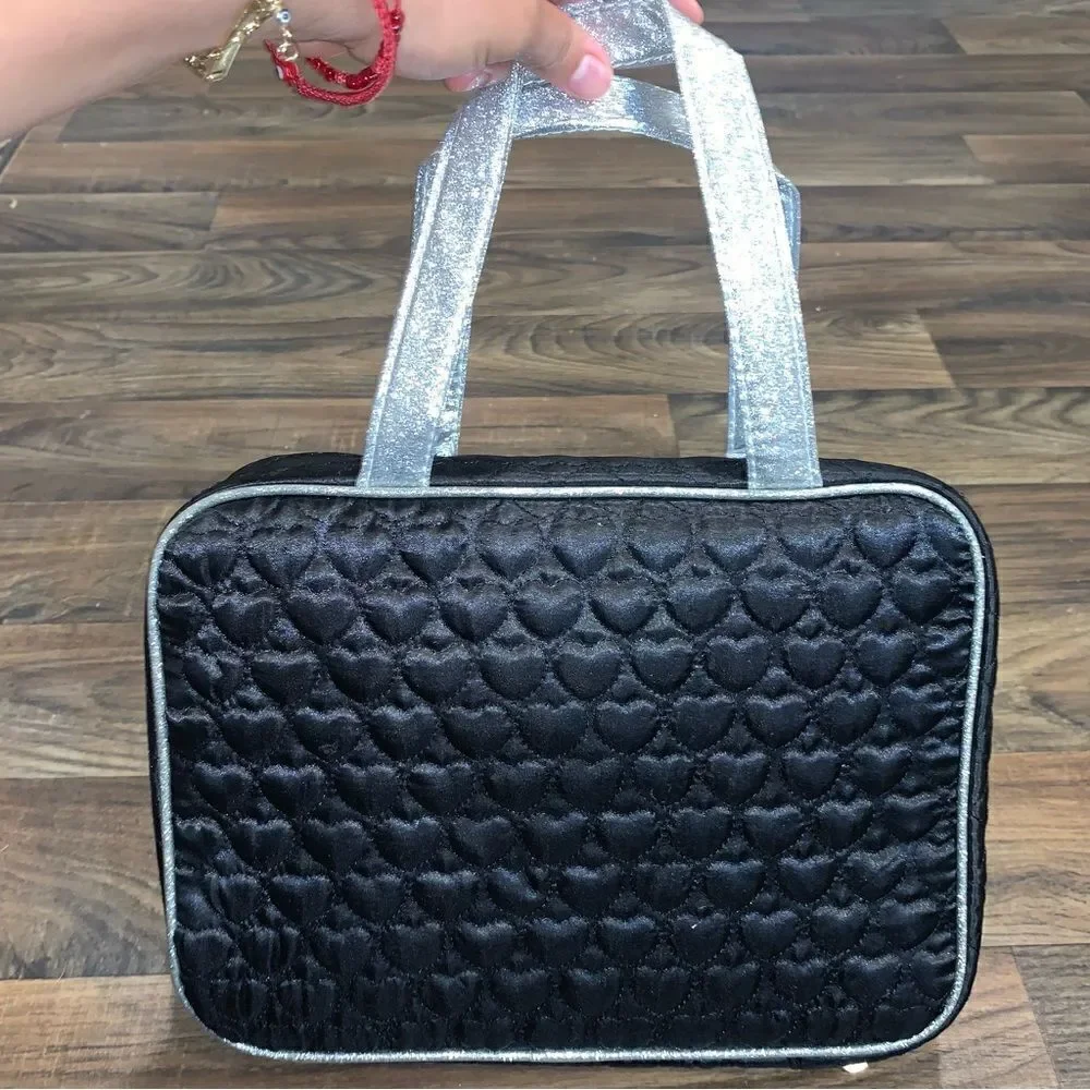 Black Hearts & Silver Glitter Cosmetic Travel Bag